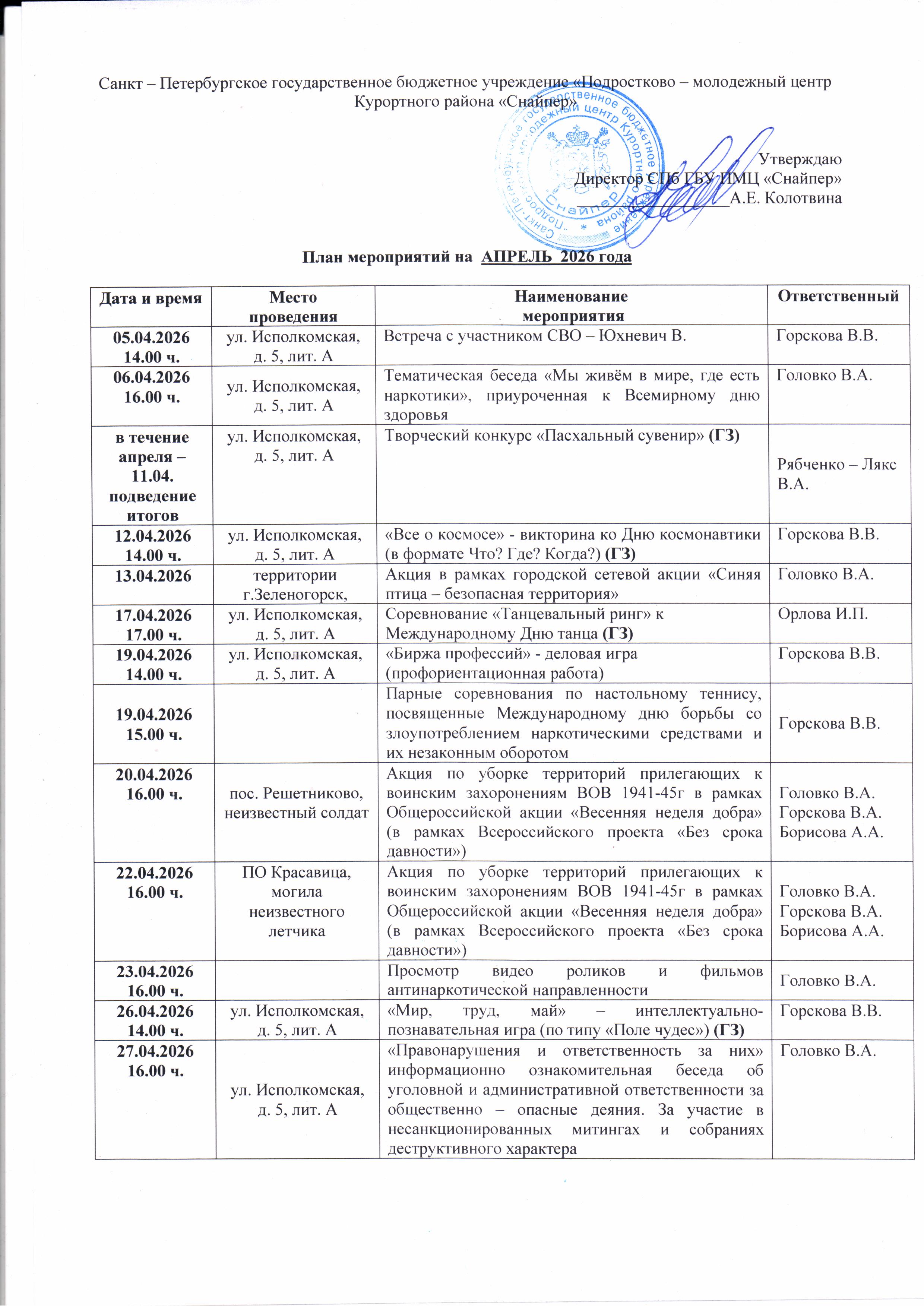 План мероприятий на АПРЕЛЬ 2026 года
