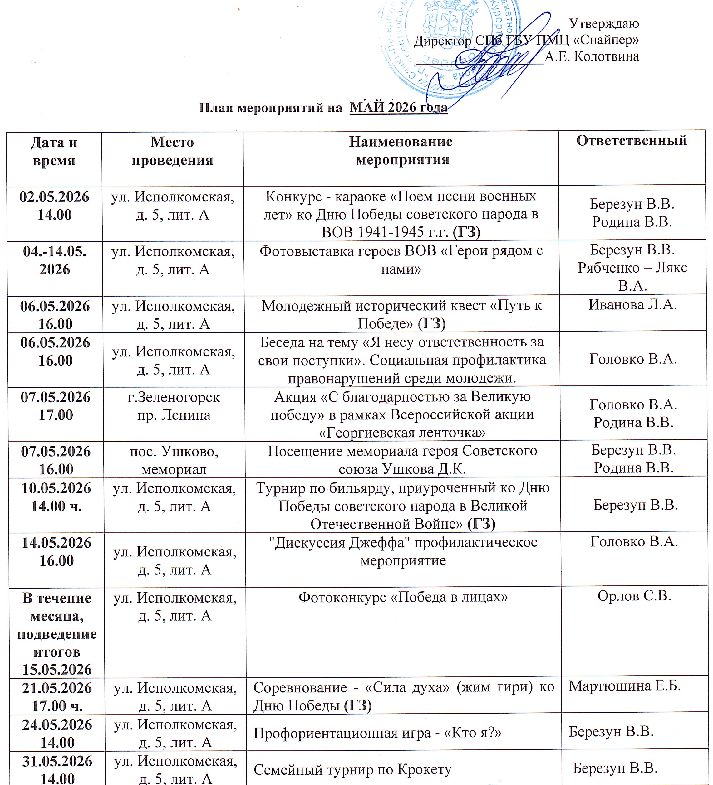План мероприятий на МАЙ 2026 года